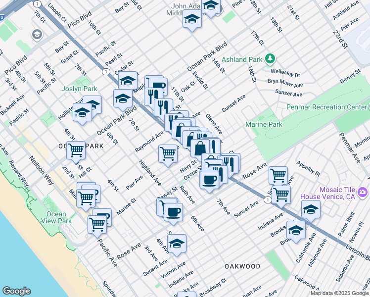 map of restaurants, bars, coffee shops, grocery stores, and more near 3012 Bentley Court in Santa Monica