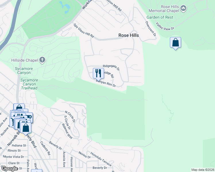 map of restaurants, bars, coffee shops, grocery stores, and more near 11638 Banyan Rim Drive in Whittier
