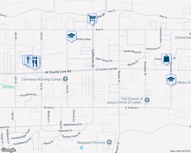 map of restaurants, bars, coffee shops, grocery stores, and more near 927 California Street in Calimesa