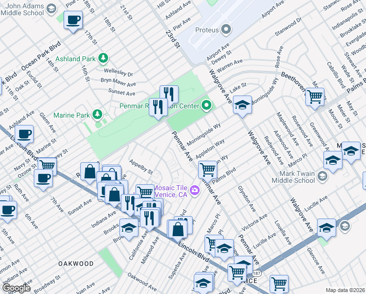 map of restaurants, bars, coffee shops, grocery stores, and more near 1525 Penmar Avenue in Los Angeles