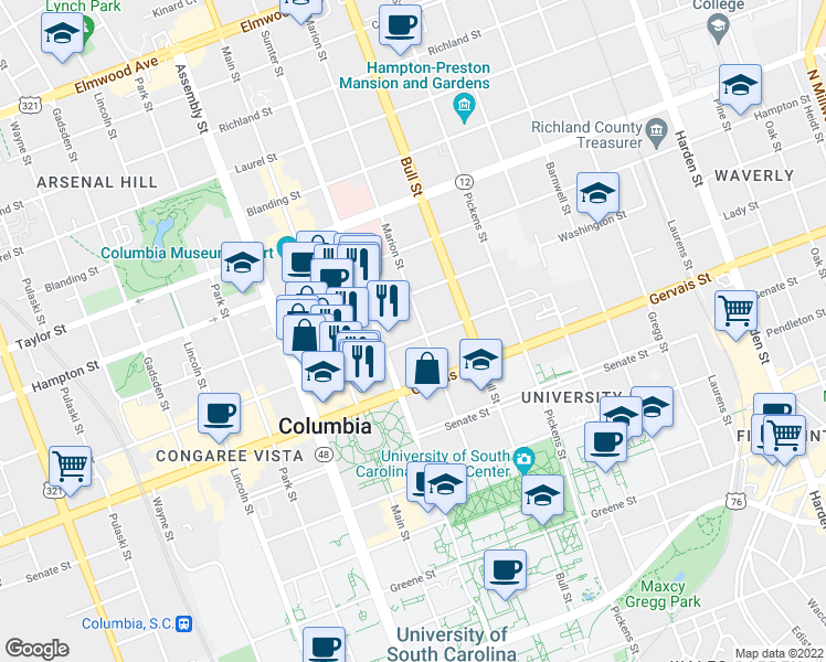 map of restaurants, bars, coffee shops, grocery stores, and more near 1321 Lady Street in Columbia