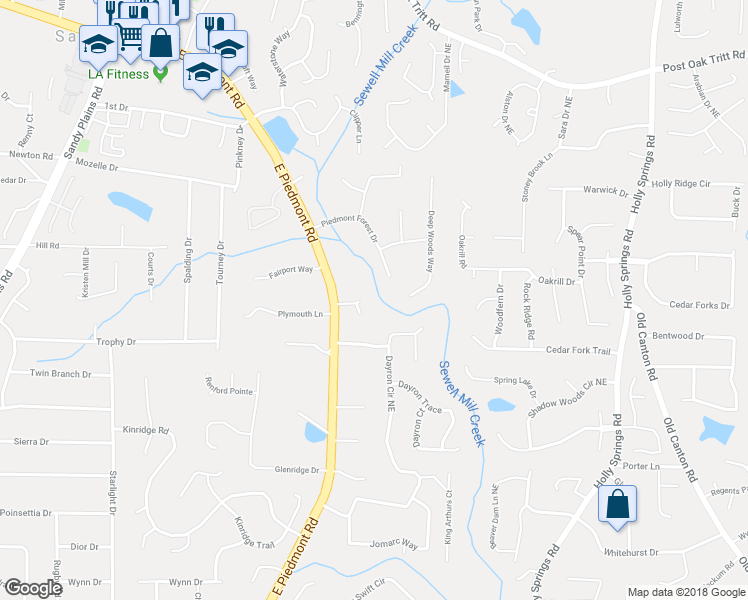 map of restaurants, bars, coffee shops, grocery stores, and more near 2305 Piedmont Glen Court in Marietta