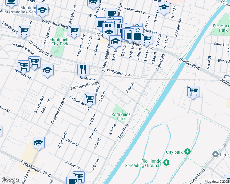 map of restaurants, bars, coffee shops, grocery stores, and more near 408 Calle Cinco in Montebello