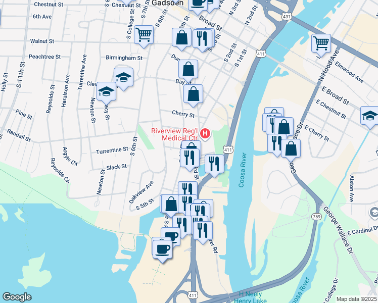 map of restaurants, bars, coffee shops, grocery stores, and more near 304 Southside Avenue in Gadsden