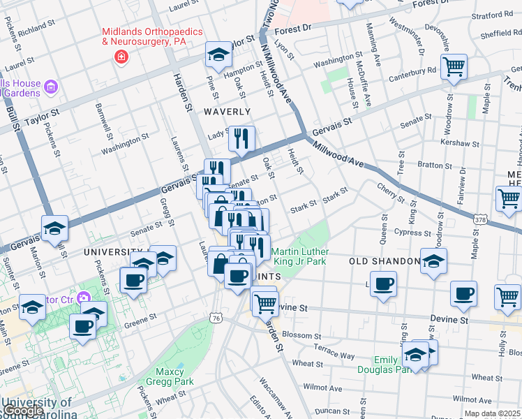 map of restaurants, bars, coffee shops, grocery stores, and more near 926 Pine Street in Columbia