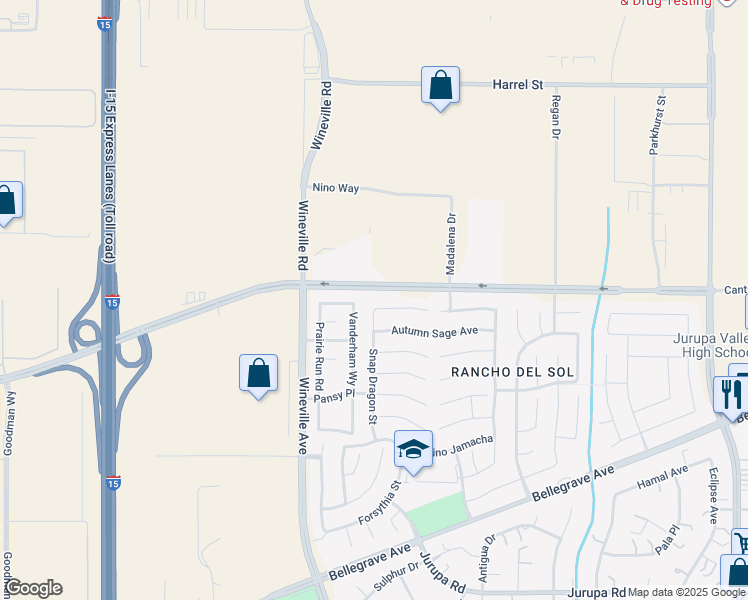 map of restaurants, bars, coffee shops, grocery stores, and more near 11703 Periwinkle Place in Jurupa Valley