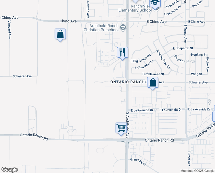 map of restaurants, bars, coffee shops, grocery stores, and more near 13708 South Archibald Avenue in Ontario