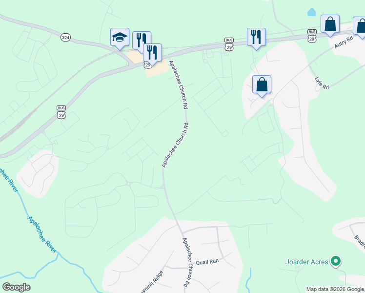 map of restaurants, bars, coffee shops, grocery stores, and more near 94 Appalachee Church Road in Auburn
