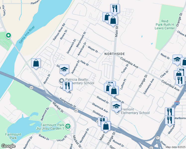 map of restaurants, bars, coffee shops, grocery stores, and more near in Riverside