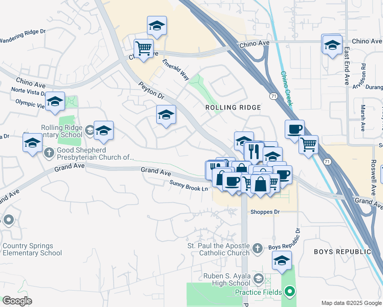 map of restaurants, bars, coffee shops, grocery stores, and more near 13745 Moonshadow Place in Chino Hills