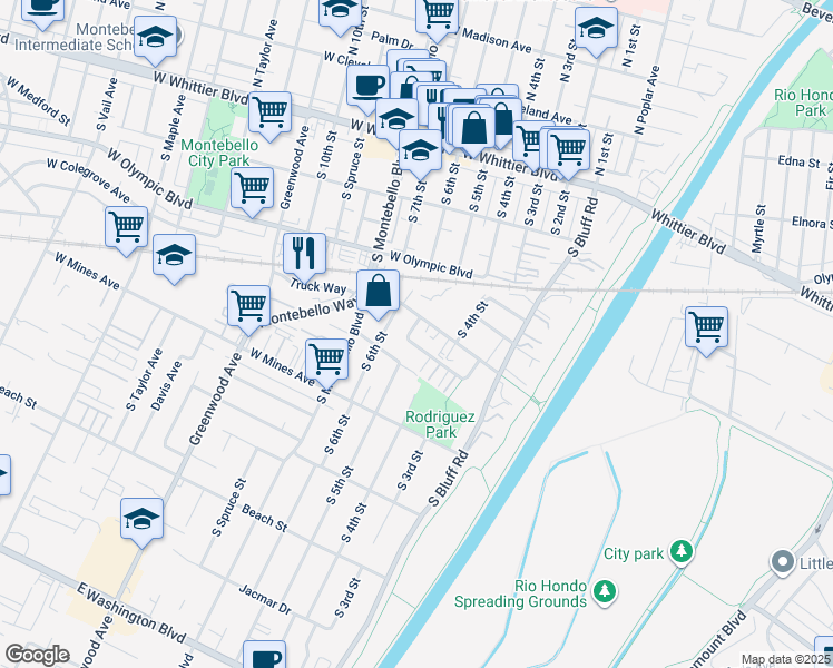map of restaurants, bars, coffee shops, grocery stores, and more near 408 Calle Cinco in Montebello