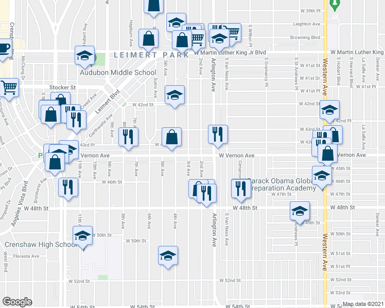 map of restaurants, bars, coffee shops, grocery stores, and more near 2427 West Vernon Avenue in Los Angeles