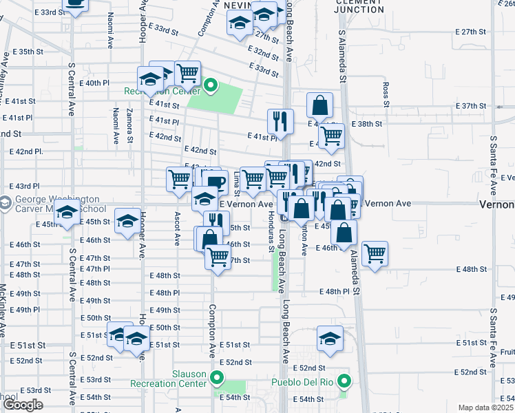 map of restaurants, bars, coffee shops, grocery stores, and more near 1618 East Vernon Avenue in Los Angeles