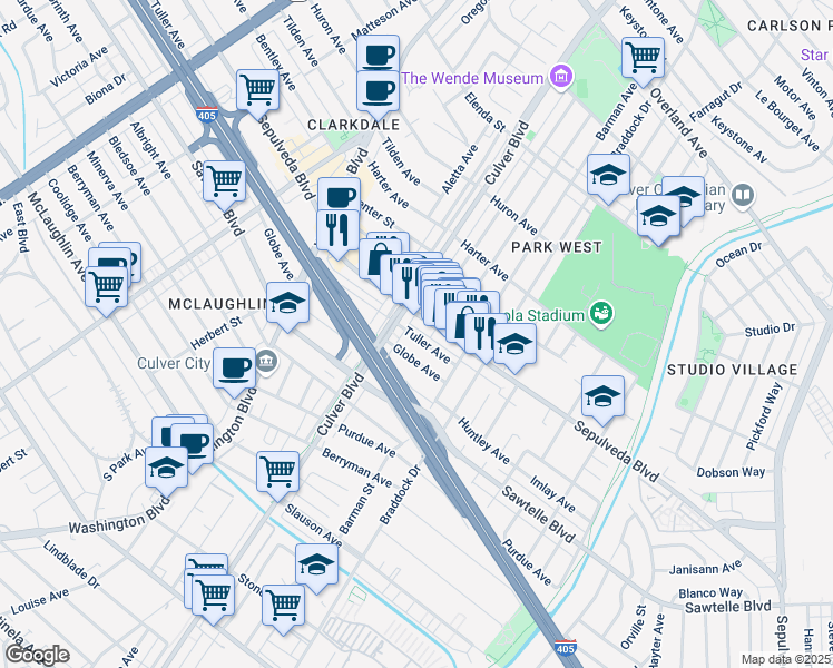 map of restaurants, bars, coffee shops, grocery stores, and more near 4320 Globe Avenue in Culver City