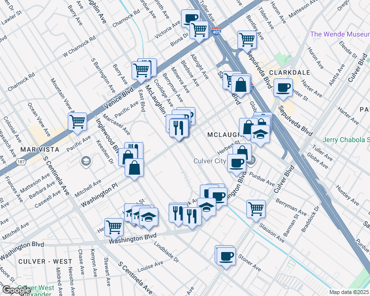 map of restaurants, bars, coffee shops, grocery stores, and more near 4038 McLaughlin Avenue in Los Angeles