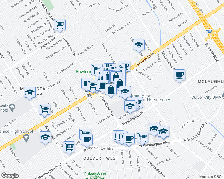 map of restaurants, bars, coffee shops, grocery stores, and more near 12218 Pacific Avenue in Los Angeles
