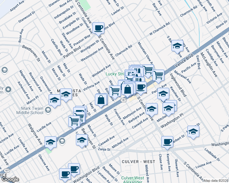 map of restaurants, bars, coffee shops, grocery stores, and more near 3766 Boise Avenue in Los Angeles