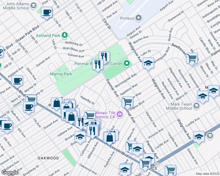 map of restaurants, bars, coffee shops, grocery stores, and more near 1533 Penmar Avenue in Los Angeles