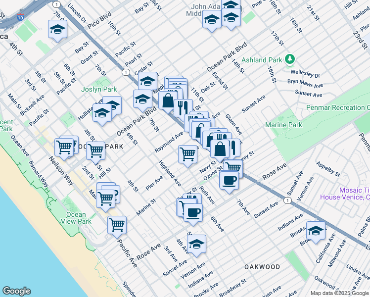 map of restaurants, bars, coffee shops, grocery stores, and more near 706 Ashland Avenue in Santa Monica
