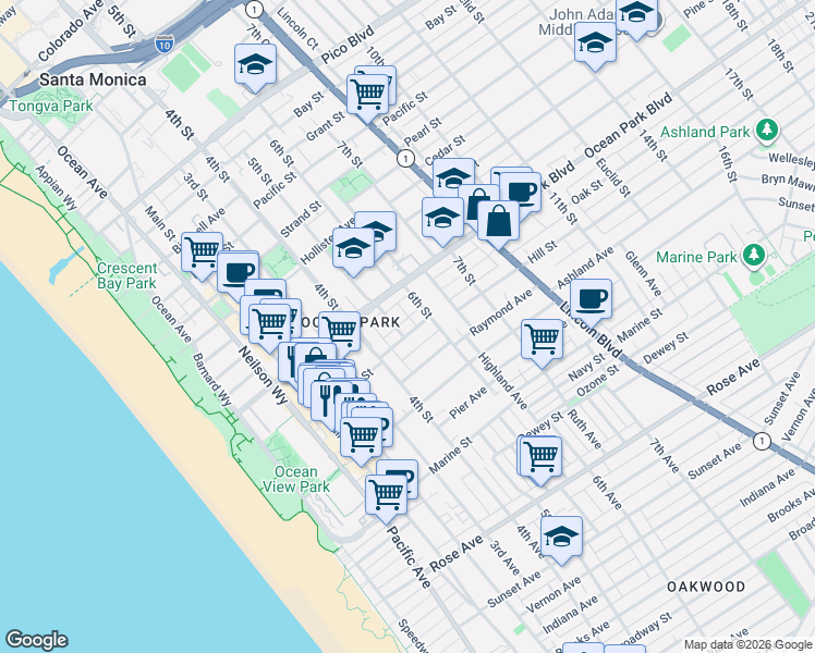 map of restaurants, bars, coffee shops, grocery stores, and more near 504 Hill Street in Santa Monica