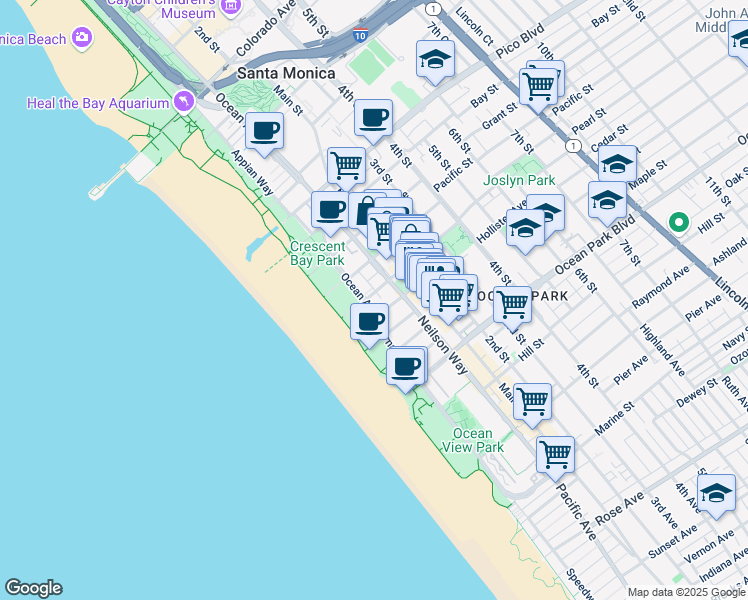 map of restaurants, bars, coffee shops, grocery stores, and more near 2306 Ocean Avenue in Santa Monica