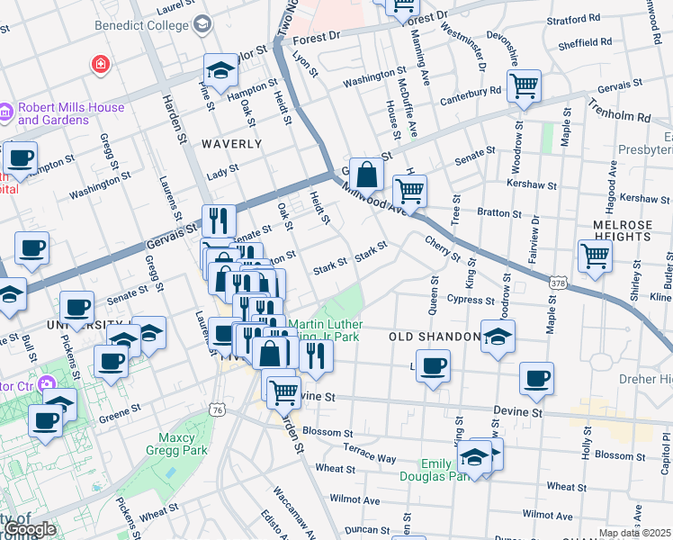 map of restaurants, bars, coffee shops, grocery stores, and more near 2312 Stark Street in Columbia