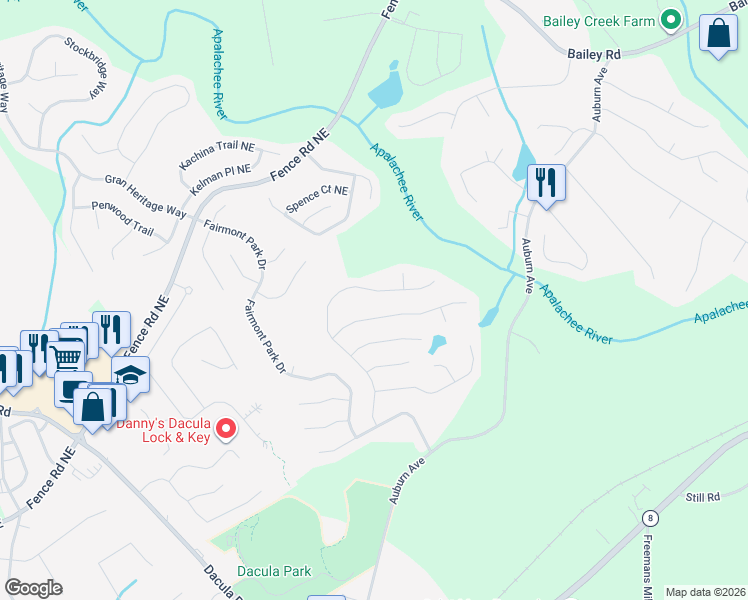 map of restaurants, bars, coffee shops, grocery stores, and more near 505 Ballyshnnon Drive in Dacula
