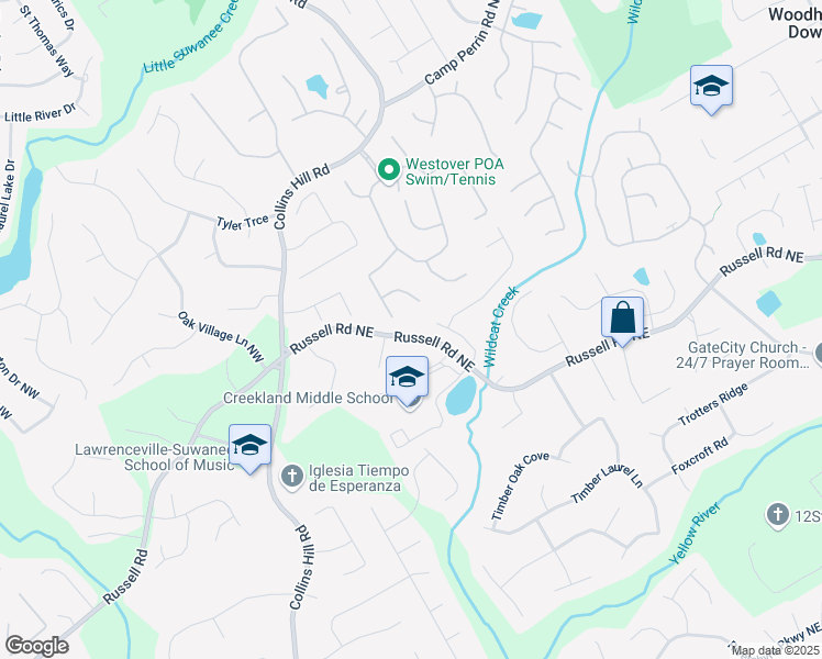 map of restaurants, bars, coffee shops, grocery stores, and more near 125 Russell Road in Lawrenceville