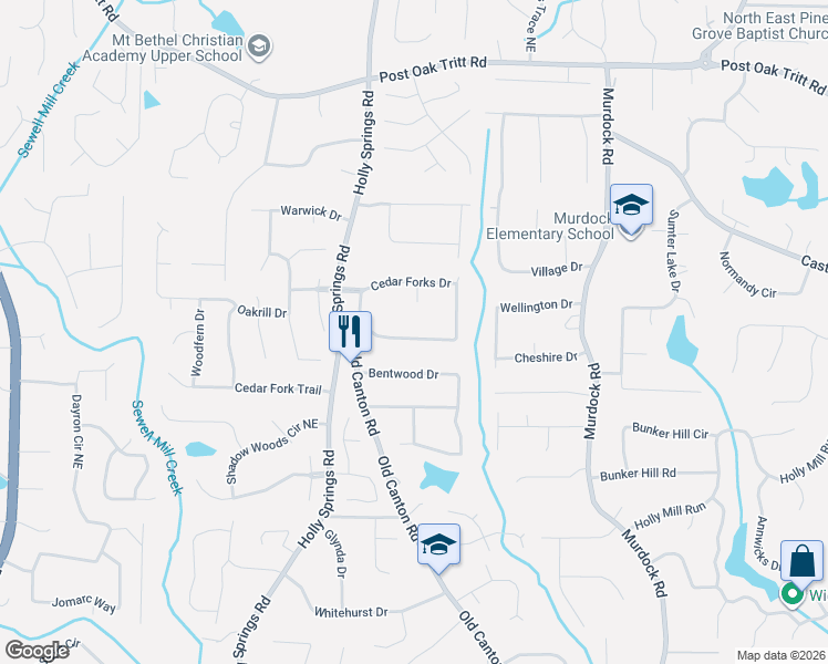 map of restaurants, bars, coffee shops, grocery stores, and more near 2223 Cedar Forks Drive in Marietta