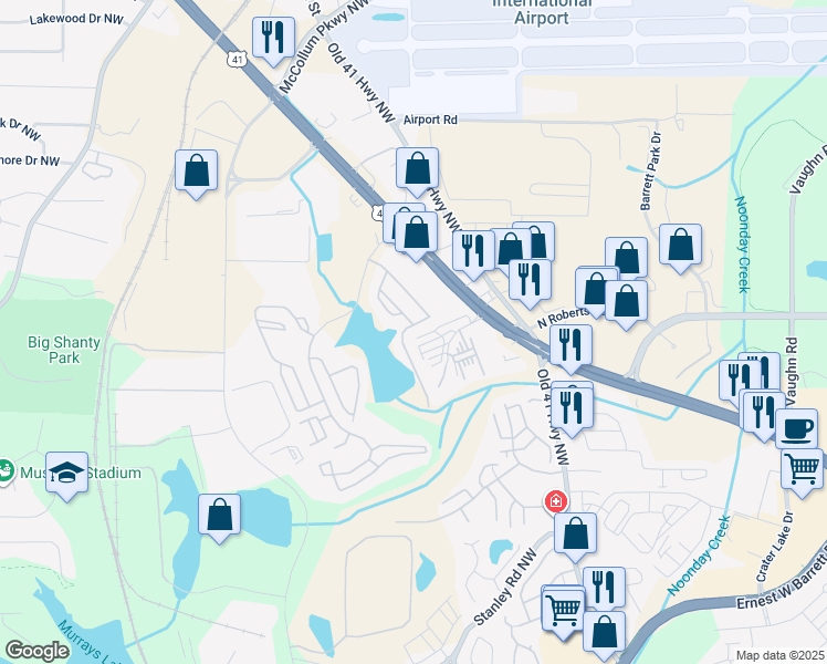 map of restaurants, bars, coffee shops, grocery stores, and more near 1802 Waterside Drive in Kennesaw