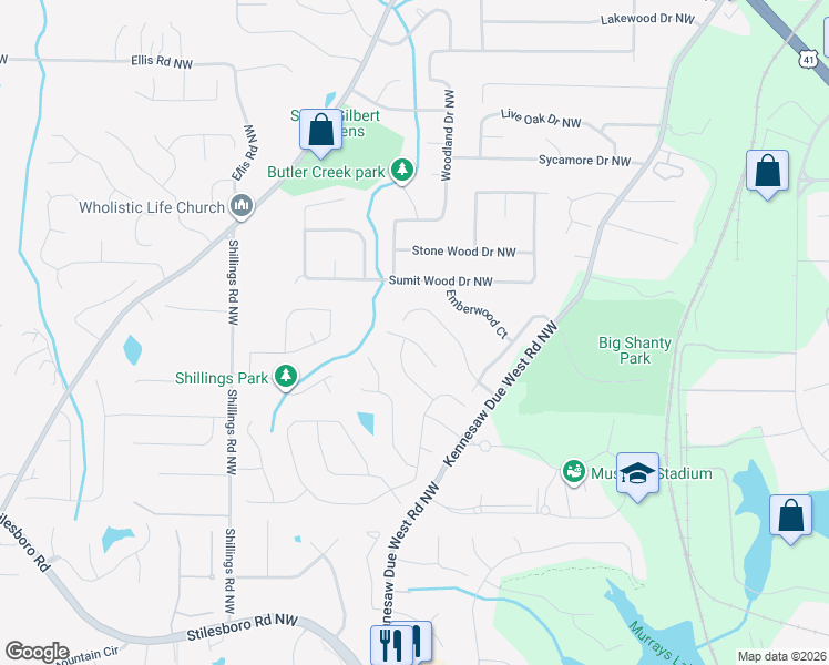 map of restaurants, bars, coffee shops, grocery stores, and more near 2608 Dreux Court in Kennesaw