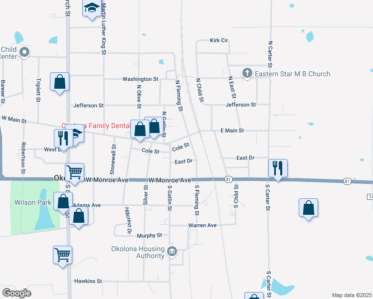 map of restaurants, bars, coffee shops, grocery stores, and more near 106-116 South Fleming Street in Okolona