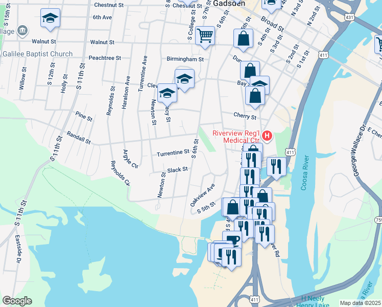 map of restaurants, bars, coffee shops, grocery stores, and more near 801 South 6th Street in Gadsden