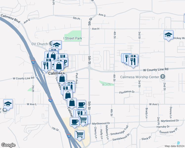 map of restaurants, bars, coffee shops, grocery stores, and more near 915 5th Street in Calimesa