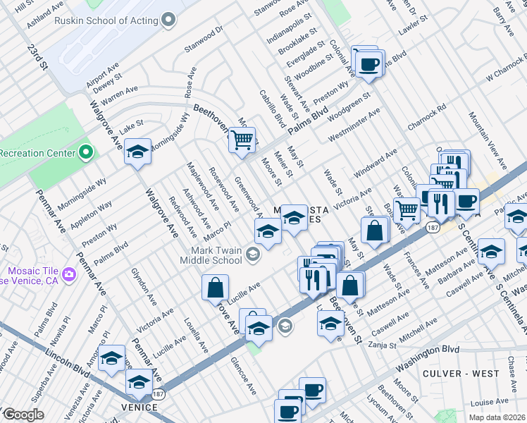 map of restaurants, bars, coffee shops, grocery stores, and more near 3612 Greenwood Avenue in Los Angeles