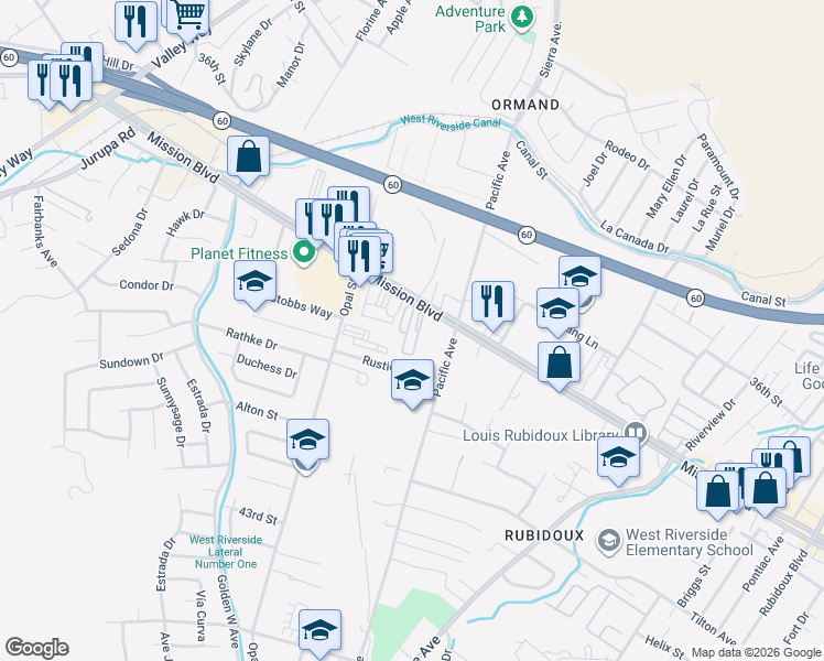 map of restaurants, bars, coffee shops, grocery stores, and more near 6154 Mission Boulevard in Riverside