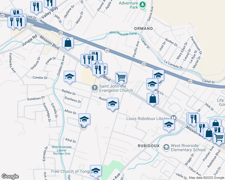 map of restaurants, bars, coffee shops, grocery stores, and more near 6154 Mission Boulevard in Riverside