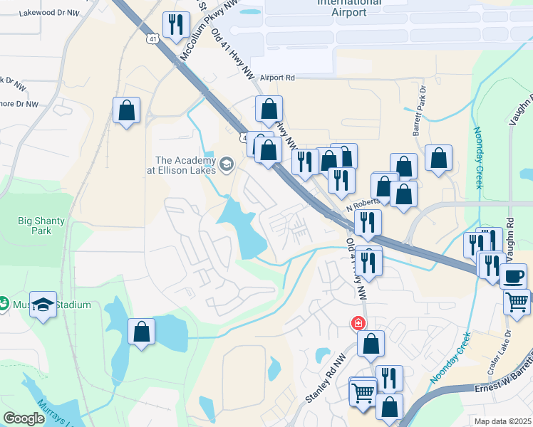 map of restaurants, bars, coffee shops, grocery stores, and more near 1802 Waterside Drive in Kennesaw