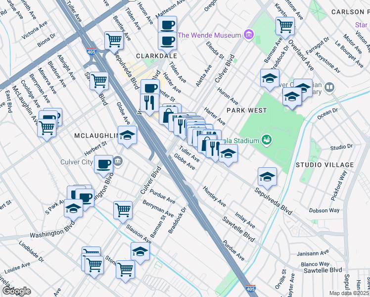 map of restaurants, bars, coffee shops, grocery stores, and more near 4320 Globe Avenue in Culver City