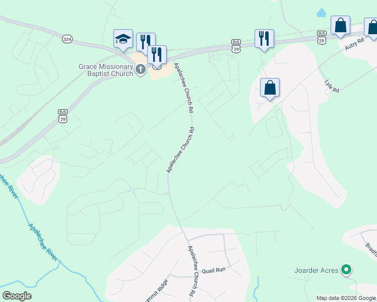 map of restaurants, bars, coffee shops, grocery stores, and more near 94 Appalachee Church Road in Auburn