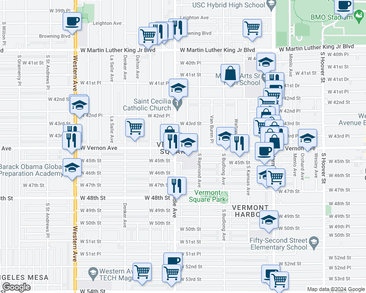 map of restaurants, bars, coffee shops, grocery stores, and more near 1357 West Vernon Avenue in Los Angeles