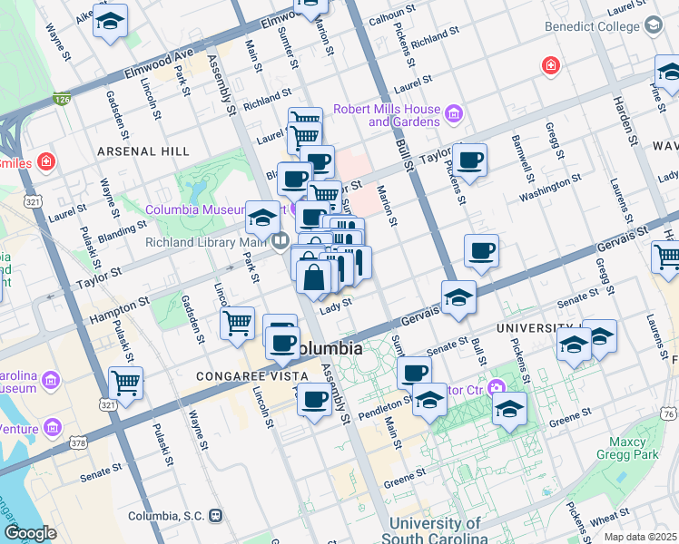 map of restaurants, bars, coffee shops, grocery stores, and more near 1328 Main Street in Columbia