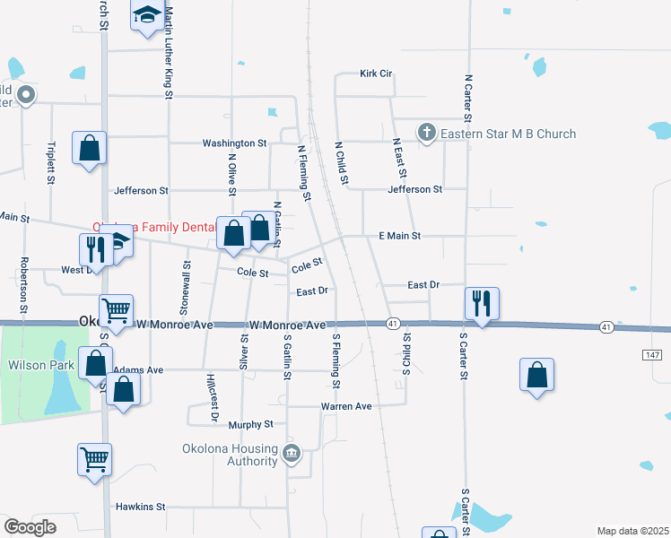 map of restaurants, bars, coffee shops, grocery stores, and more near 106 South Fleming Street in Okolona