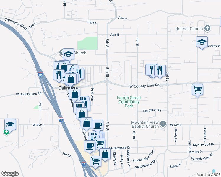 map of restaurants, bars, coffee shops, grocery stores, and more near 915 5th Street in Calimesa