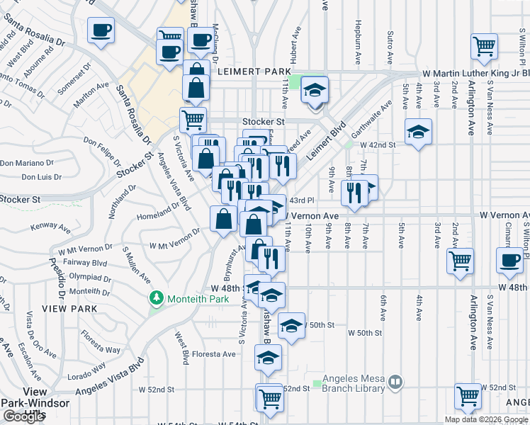 map of restaurants, bars, coffee shops, grocery stores, and more near 4417 Leimert Boulevard in Los Angeles