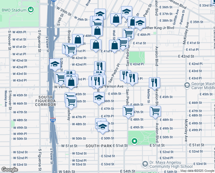 map of restaurants, bars, coffee shops, grocery stores, and more near E Vernon Ave & San Pedro Pl in Los Angeles