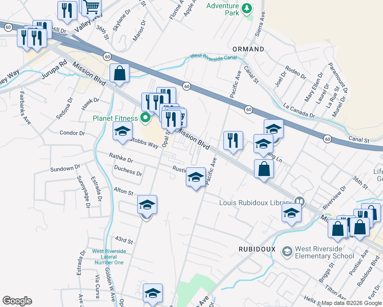map of restaurants, bars, coffee shops, grocery stores, and more near 6154 Mission Boulevard in Riverside