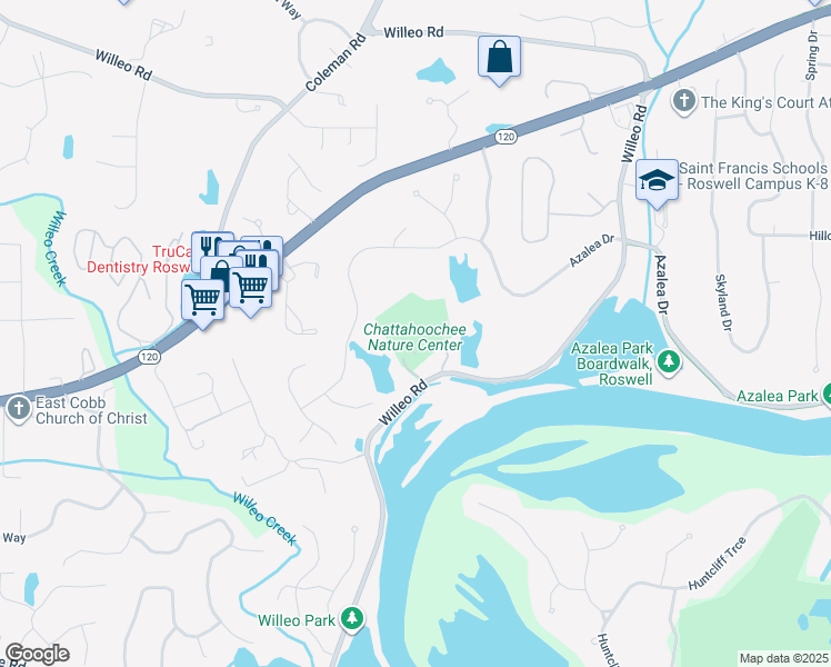 map of restaurants, bars, coffee shops, grocery stores, and more near 9135 Willeo Road in Roswell
