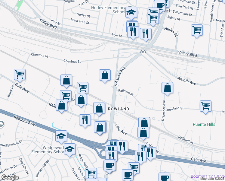 map of restaurants, bars, coffee shops, grocery stores, and more near 877 South Azusa Avenue in City of Industry