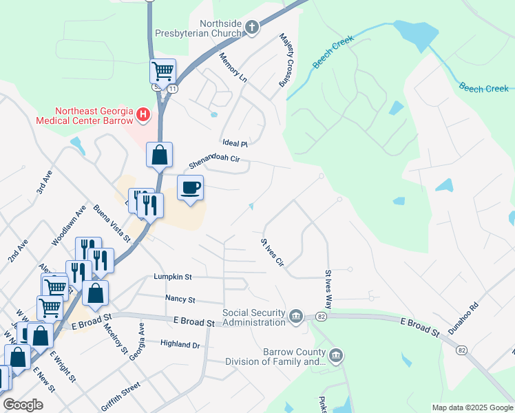 map of restaurants, bars, coffee shops, grocery stores, and more near 420 Shenandoah Court in Winder